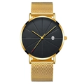Minimalist men's black dial quartz watch with golden mesh strap and calendar window - Black Dial Gold Case Gold Mesh Band