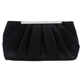 Elegant black pleated satin evening clutch bag with a silver metal frame clasp for women - Black