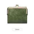Short vintage emerald green leather wallet with gold metal clasp and textured finish - Green