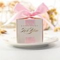 White square wedding favor box with pink ribbon bow and gold embossed lettering - Pink / 6.5*6.5*6.5cm