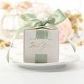Elegant white wedding favor box with gold foil lettering and a green ribbon bow - Green / 6.5*6.5*6.5cm
