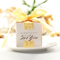 White square wedding gift box with yellow ribbon bow and gold embossed lettering - Yellow / 6.5*6.5*6.5cm