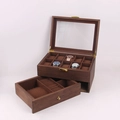 Close-up of double-layer walnut wood watch box with glass lid and jewelry drawer - 20 Slots Dual Layer Walnut Jewelry Mix