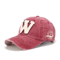 Detail of vintage red washed cotton baseball cap with embroidered W patch and star logo - Adjustable / Burgundy