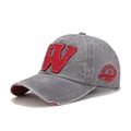 Detail of vintage gray baseball cap with red W embroidery and distressed patch detail - Adjustable / Gray