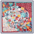 Foulard quadrato in seta 130cm con motivi colorati di foglie di palma e bordo blu - Blu Notte