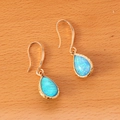 Detailed view of gold-plated teardrop earrings featuring blue-green natural semi-precious stones - Blue Waterdrop