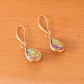 Macro detail of teardrop earrings with iridescent gemstone inlay on a wooden surface - Purple Waterdrop
