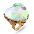 Adjustable golden ring with large AB crystal heart stone and vintage engraved details - Adjustable Open / AB White