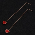 Minimalist rose gold tassel earrings with red heart-shaped gemstone pendant drops - Red Pave Heart (8321)
