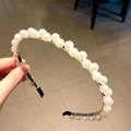 Elegant silver metal headband with white faux pearls and black protective soft tips - Single Row Medium Pearls