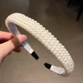 Creamy white handmade pearl headband with dense bead rows and fabric lining - Thick Multi-row Woven Pearl
