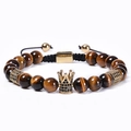 Natural tiger eye beaded bracelet featuring a gold crown and micro-pave black zircon accents - Natural Tiger Eye Stone (Braided Drawstring)