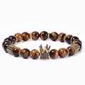 Natural tiger eye stone beaded bracelet featuring a gold crown and cubic zirconia hex charms - Natural Tiger Eye Stone (Elastic Cord)
