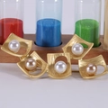 Elegant gold matte brooch with five alternating white and champagne pearls in square frames - 0819-Gold Five-Pearl Square