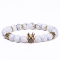 White turquoise beaded bracelet with gold crown charm and black micro-inlaid zircons - Natural White Howlite (Elastic)