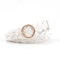 Minimalist white braided leather belt for women featuring a round golden buckle - White