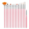 15pcs professional pink nail art brush set with various brush heads on white background - Pink
