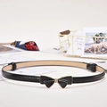 Adjustable black patent leather skinny belt with fish-style gemstone metal buckle - Black Bow