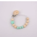 Pacifier clip with mint green silicone beads and natural wooden beads for baby teething - Green
