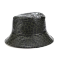 Detailed view of glossy dark green leopard print PU leather bucket hat with stitching - M / Army Green