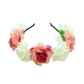 Floral headband with artificial white and peach roses on a slim black metal band - Cream White + Watermelon Red