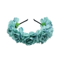Teal fabric rose flower crown headband with green leaves on a slim black band - Teal