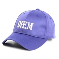 Close-up of purple satin baseball cap with DIEM embroidery and parallel brim stitching - Adjustable / Blue