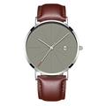 Macro detail of men quartz watch with grey sunburst dial and brown leather strap - Silver Case Gray Dial Brown Strap