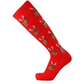 Red Christmas calf compression socks with brown reindeer embroidery on white background - Red Base Reindeer