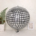 Silver 4D disco ball balloon with mirror grid pattern on a white plush background - 4D Sphere Silver Disco / 22 Inch