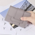 Minimalist grey PU leather tri-fold short wallet for women with decorative strap buckle - Purple