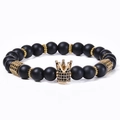 Men's matte black stone bracelet set with gold crown and micro-pave zircon beads - Natural Matte Stone (Elastic)