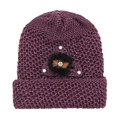Berretto invernale in maglia viola scuro con fodera in pile e decorazione floreale di strass - Taglia unica / Viola