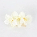Close-up of white fabric orchid flowers on a 20-tooth gold metal wedding hair comb - Beige