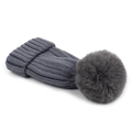 Dark grey knitted beanie with large faux fur pompom and cuffed rib knit design - Light Gray