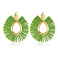 Bohemian fan-shaped tassel earrings featuring green raffia and gold water drop frames - Green