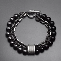 Men's double-layer bracelet with black beads, metal chain, and T-bar toggle clasp - Shiny Black + Hematite
