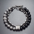 Men's map stone beaded bracelet with silver chain and textured metal tube design - Map Stone + Matte Black Agate