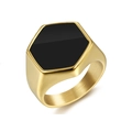 Polished gold stainless steel men's ring with black hexagonal enamel signet face - Brushed Hexagon Gold Black (13201)