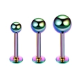 Detailed macro view of three rainbow stainless steel labret studs in different sizes - 1.2*8*4mm / Colorful