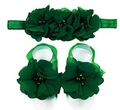 Dark green baby headband and foot flower set with pearl sewn flowers on white background - Christmas Green