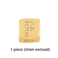 Detail of cubic gold-plated bead featuring letter P inlaid with shimmering zircons - Gold Letter P Pendant Bead