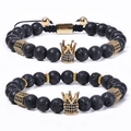 Bracciale a corona in pietra lavica con perle in pietra naturale e zirconi micro-pave - Pietra Lavica Naturale (Set da 2)