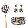 Fashion jewelry set with leopard print wrap bracelet, gold tassel necklace and earrings - Round Tassel Collection (Style 33)