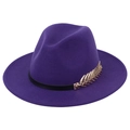 Purple wool fedora jazz hat featuring a black band and decorative golden metal leaf accent - Purple