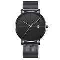 Minimalist black quartz watch with mesh strap and date calendar on a clear white background - Black Dial Black Case Black Mesh Band