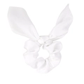 White rabbit ear satin hair tie with ribbon tassels on a clean white background - White