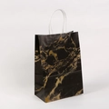 Close-up of black marble pattern paper bag with sturdy white handles on white background - 15*11*6 / Black Gold Marble Style (211-2)