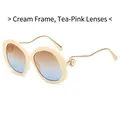 Fashionable cream oval sunglasses with pearl accent and gold wave metal temples - Beige Frame Brown Blue Lens